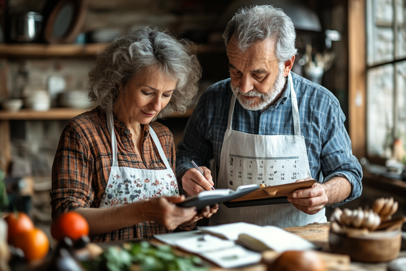 Възрастна двойка готви здравословна храна заедно в кухнята
