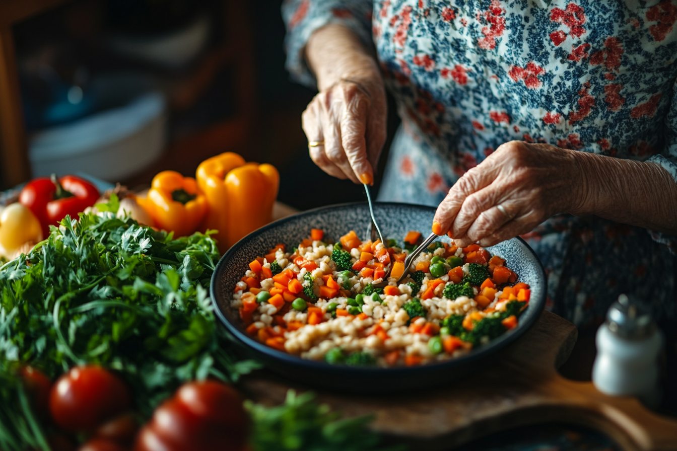Щастлива възрастна жена се наслаждава на здравословна храна